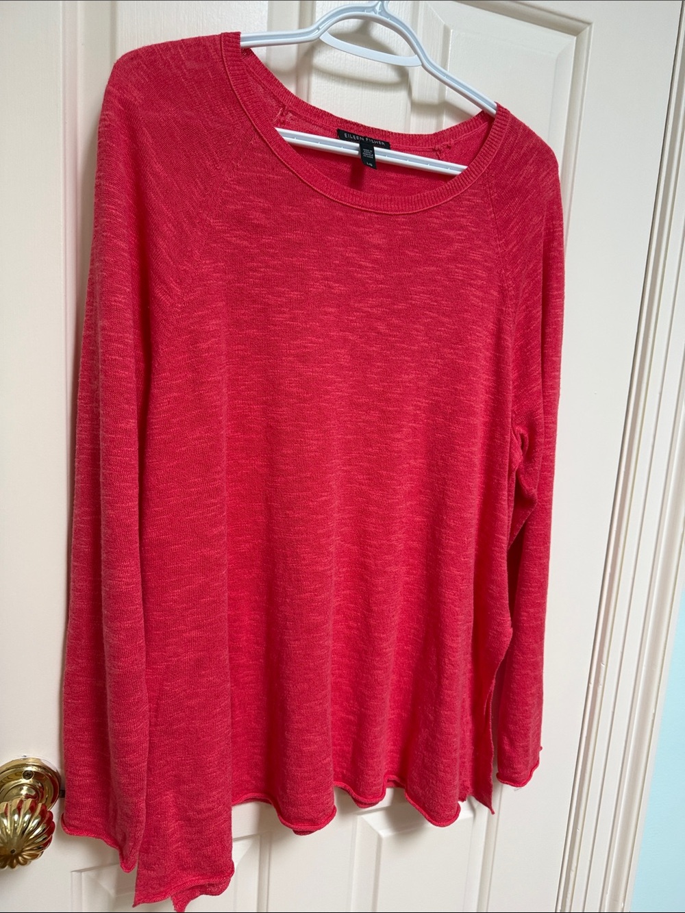 Eileen Fisher sz L Deep Red Coral Organic Linen Organic Cotton long sleeve top